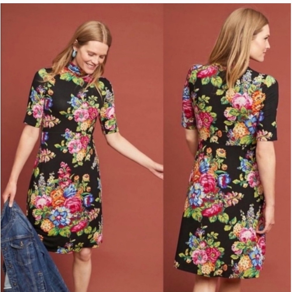 Anthropologie Floral Turtleneck Midi Dress Black Pink Motif Elbow Sleeve Size M